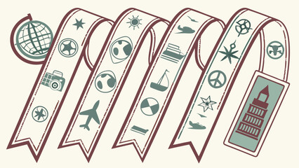 Illustrated Winding Travel Ribbon with Global Destination Icons for Tourism Marketing Vacation Planning and Adventure Journeys