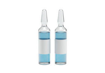 Two glass ampoules with blue liquid isolated on transparent background, medical vials for pharmaceutical and healthcare use