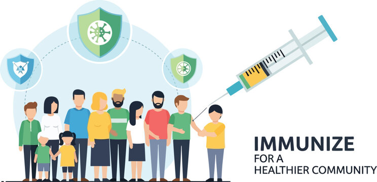 Vector art of immunize for a healthier community with people and syringe isolated on white