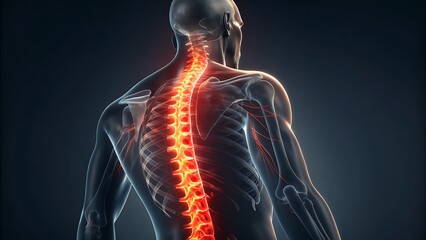 Human spine anatomy with glowing spinal cord illustration
