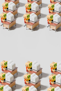 3d robots working at desks on computers in repetitive office pattern