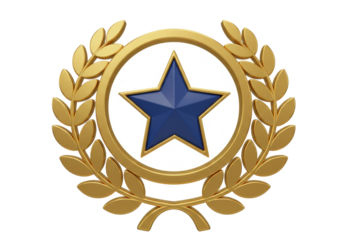 Golden laurel wreath with blue star isolated PNG, award emblem for achievement and success, victory symbol on transparent background