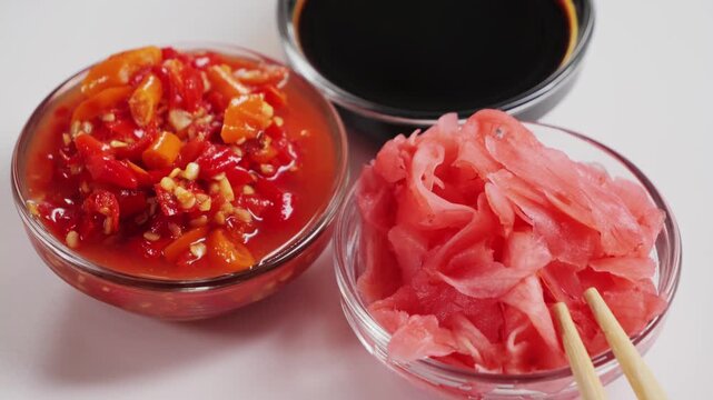 Close up of Sichuan spicy hot sauce, soy sauce, pickled red ginger. High quality 4k footage