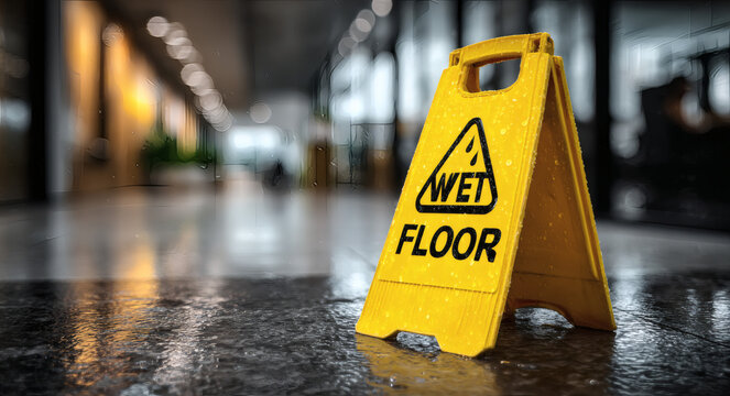 Warning sign on a wet floor in a public building.