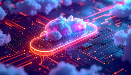 A stylized neon cloud floats atop a circuit board, with glowing lines and digital elements. Fluffy clouds surround the central illuminated shape