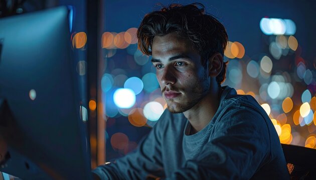 Young man working at computer at night — screen glow and city bokeh productivity - Powered by Adobe