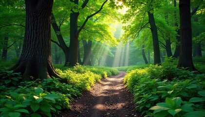 Sun-Dappled Forest Path An Inviting Journey into the Woods. Lush green foliage, ancient trees, and a winding trail beckon exploration and adventure, creating a serene and magical atmosphere.