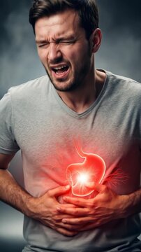Man screaming in pain from stomach ache, holding stomach with glow effect, and having visible stomach organ discomfort footage