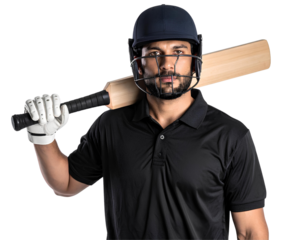 Cricket striker with bat over shoulder wearing full black gear, professional male athlete, isolated on transparent background, PNG