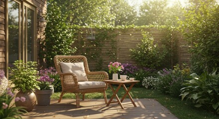 Obraz premium A wicker chair and side table sit on a wooden deck surrounded by greenery