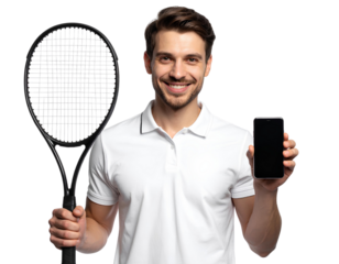 Man holding tennis racket and smartphone while smiling, cheerful male athlete portrait, isolated on transparent background, PNG