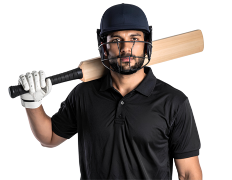 Cricket striker with bat over shoulder wearing full black gear, professional male athlete, isolated on transparent background, PNG