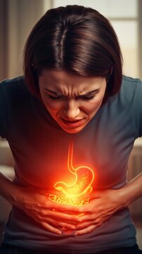 Woman experiencing stomach pain, showing illuminated digestive organs, human anatomy and health problem concept footage