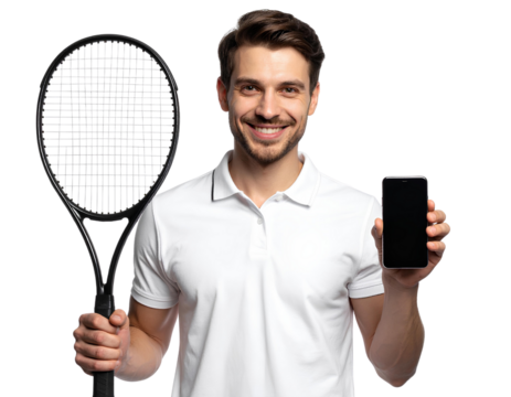 Man holding tennis racket and smartphone while smiling, cheerful male athlete portrait, isolated on transparent background, PNG