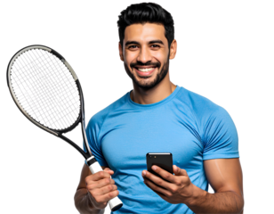 Man holding tennis racket and smartphone while smiling, cheerful male athlete portrait, isolated on transparent background, PNG