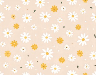 A cheerful, illustrated pattern with various-sized daisies and subtle leaves