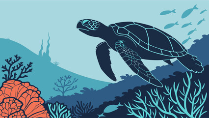 Sea Turtle Swimming in Serene Underwater Coral Reef. Marine Life Conservation, Ocean Ecosystem, and Aquatic Environment Vector Illustration for Nature Education and Travel.