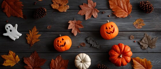 Creative Halloween autumn arrangement of vibrant leaves and carved pumpkins flatlay
