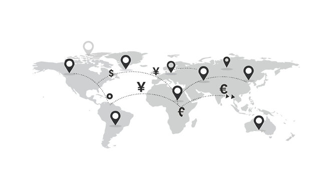 Global map with currency symbols and location pins connected by dotted lines