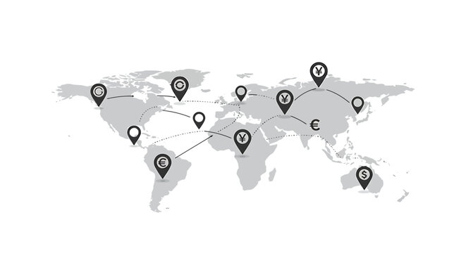 Global map showing interconnected currency exchange points with currency symbols
