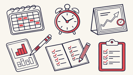 Hand Drawn Business Planning and Productivity Icons for Effective Time Management Task Organization and Goal Setting
