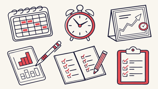 Hand Drawn Business Planning and Productivity Icons for Effective Time Management Task Organization and Goal Setting