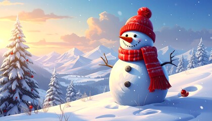 Obraz premium A cheerful snowman in a red scarf and hat, snowy landscape