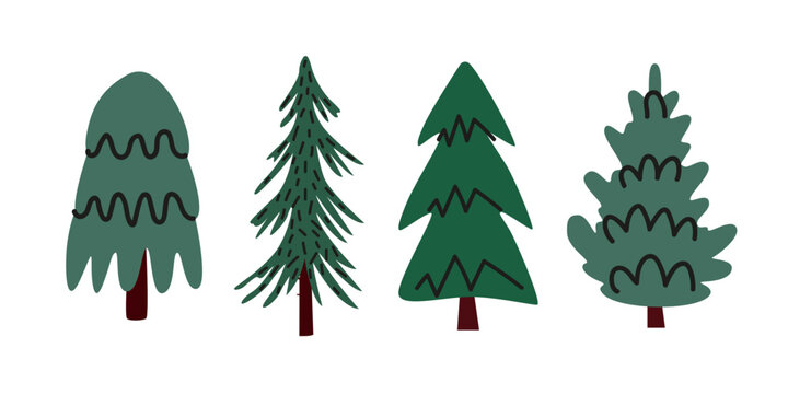 Christmas tree set in doodle flat style. Cozy cheerful winter tree elements and shapes for greeting cards, stickers, patches, labels, stamps. Hand drawn winter vector illustrations
