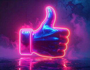 A neon-lit thumbs-up symbol glows with pink and blue hues against a textured background, surrounded by wisps of vapor