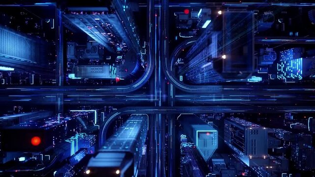Digital VFX 3D Render of a Futuristic Business City. Camera Flowing Through the Abstract Streets with Technological Interconnected Lines Representing World Wide Web, Internet Connectivity and Big Data