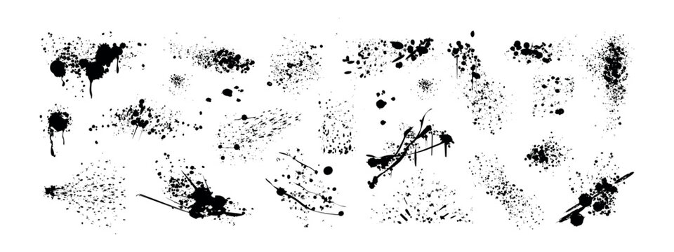 Spray paint inky drips, liquid splatters, blots. Black splashes, graffiti speckles, spatters, inkblot spots with dusty grunge effect. Paintbrush blobs, splotch, dirty splash stains or drops vector set