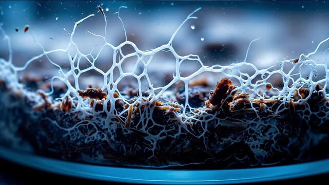 Time-lapse of a mycelium network growing on substrate in a petri dish, scientific research concept.