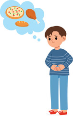 young boy character feel hungry, cute boy starving and thinking about food flat design, people hands on stomach and hungry illustration