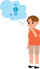young boy character feel thirsty and thinking about water, exhausted boy need some water flat design, people dehydrated illustration