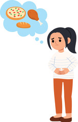 young girl character feel hungry, cute girl starving and thinking about food flat design, people hands on stomach and hungry illustration