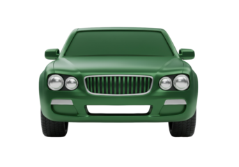 Green car isolated on transparent background, front view of modern vehicle in cartoon style for transportation and design use