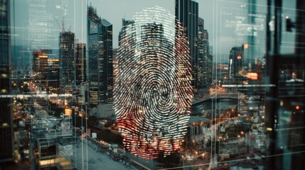 Urban security technology fingerprint scanning overlay in cityscape digital art evening futuristic concept