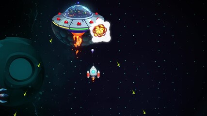 Modern take on a retro-style space arcade game: boss fight and game over. Fake gaming scene: small spaceship fighting a boss UFO ship and losing the fight.  - Powered by Adobe