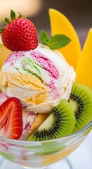 Colorful Fruit Ice Cream Sundae with Strawberry and Kiwi.