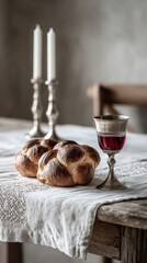 Shabbat Candles and Kiddush Cup with Fresh Challah, Tranquil Sabbath Table Setting