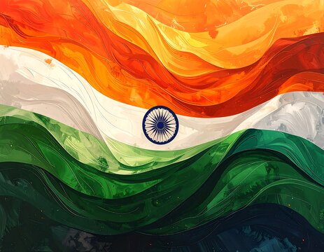 Abstract artistic rendering of a tri-color Indian flag, flowing waves with the Ashok Chakra in the center