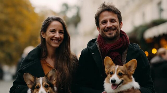 A smiling couple poses with two corgis during a lovely stroll, embodying happiness and companionship in a picturesque outdoor setting filled with autumn leaves.