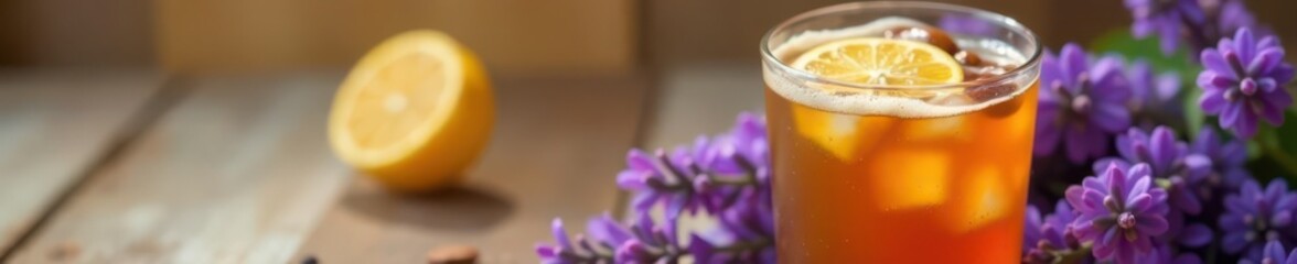 Lavender honey iced coffee, coffee beans Refreshing summer drink , vibrant, elegant, food styling