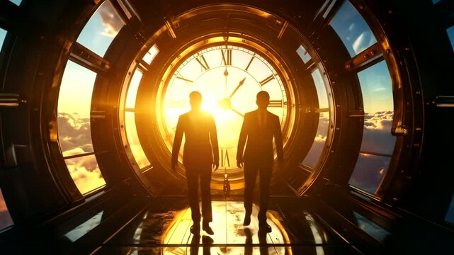 Two businessmen stand in a circular room looking at a large clock and sunrise.