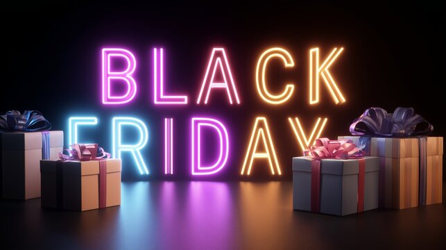 Bright neon sign for Black Friday sale with wrapped gifts on a dark surface