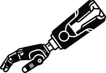 Stylized black and white illustration of a futuristic robotic hand holding a futuristic device against a white background