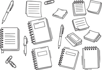 Office & School Stationery Doodles | Laptop, Pen, and Notebook Line Art Set

Hand Drawn Outline: Student and Business Essentials Vector Collection

Minimalist Work and Study Clipart: Notebooks, Laptop