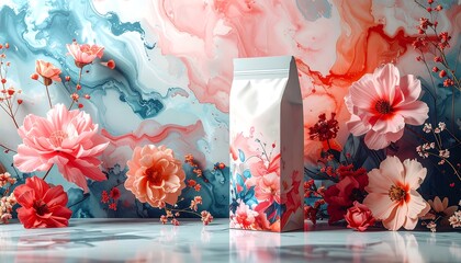 A product package mockup displays floral design on a light-colored surface. Decorative flowers surround. The color scheme is pastel, with pink, red, and blue accents