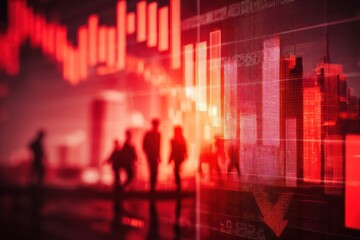 Red economic chart shows decline with double exposure silhouettes