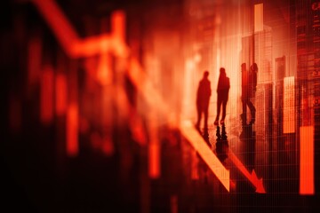 Red economic chart shows decline with double exposure silhouettes